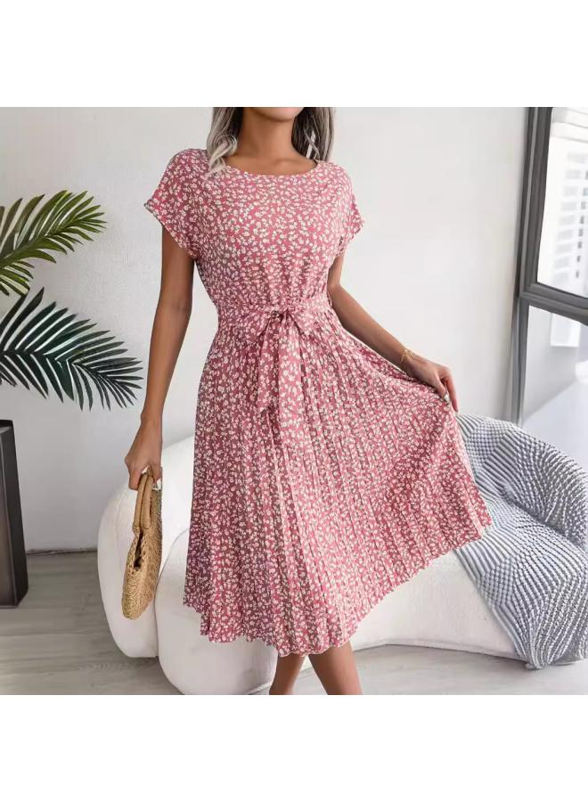 Independent Station Women's Clothing Spring And Summer New Casual Short Sleeve Floral Lace-up Dress Pleated Skirt
