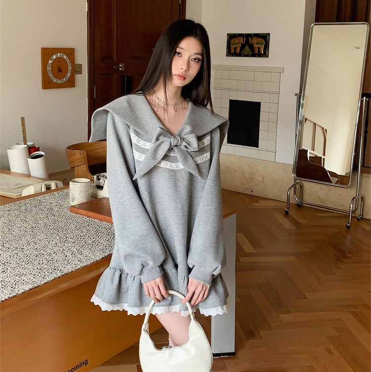 Boatmans Collar Bow Strap Ruffled Lace Hem Girls Sweatshirt Overskirt Floral gray