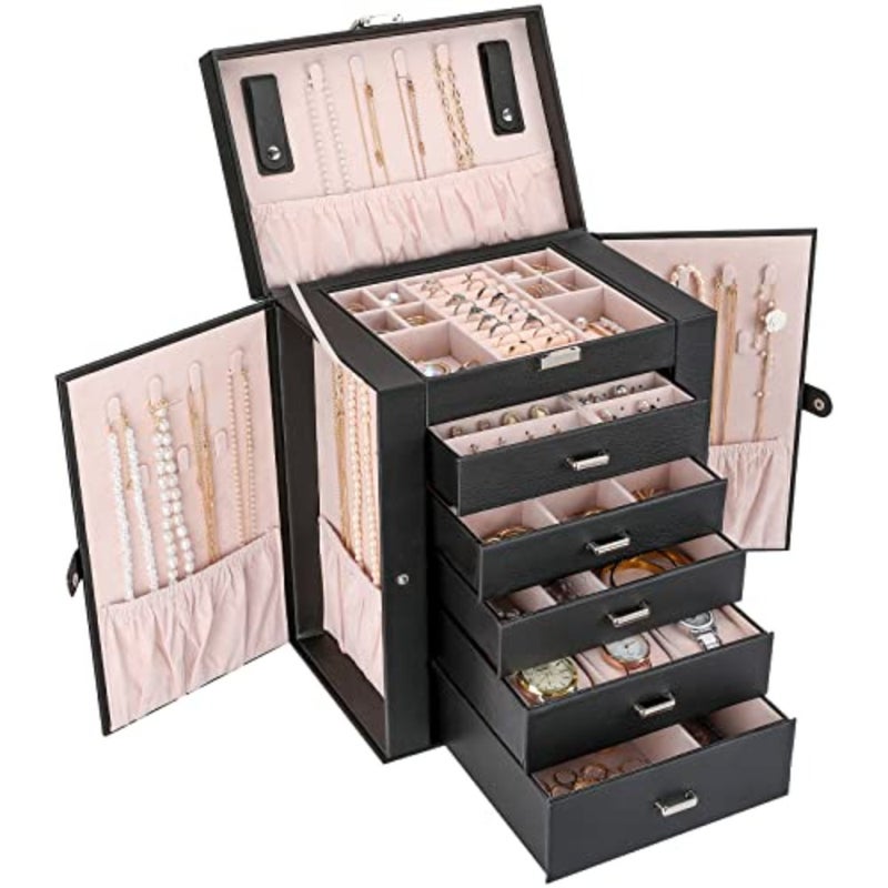 Large Jewelry Organizer Box for Women Girls, 6 Layers Storage Display Holder Case with Drawers and Dividers for Earrings Necklaces Rings Bracelets Watches -Black - Image 1