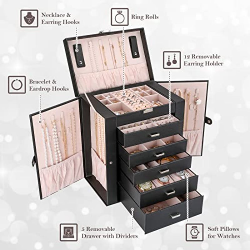 Large Jewelry Organizer Box for Women Girls, 6 Layers Storage Display Holder Case with Drawers and Dividers for Earrings Necklaces Rings Bracelets Watches -Black - Image 5