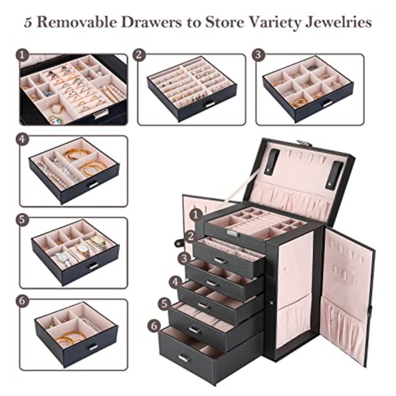 Large Jewelry Organizer Box for Women Girls, 6 Layers Storage Display Holder Case with Drawers and Dividers for Earrings Necklaces Rings Bracelets Watches -Black - Image 2