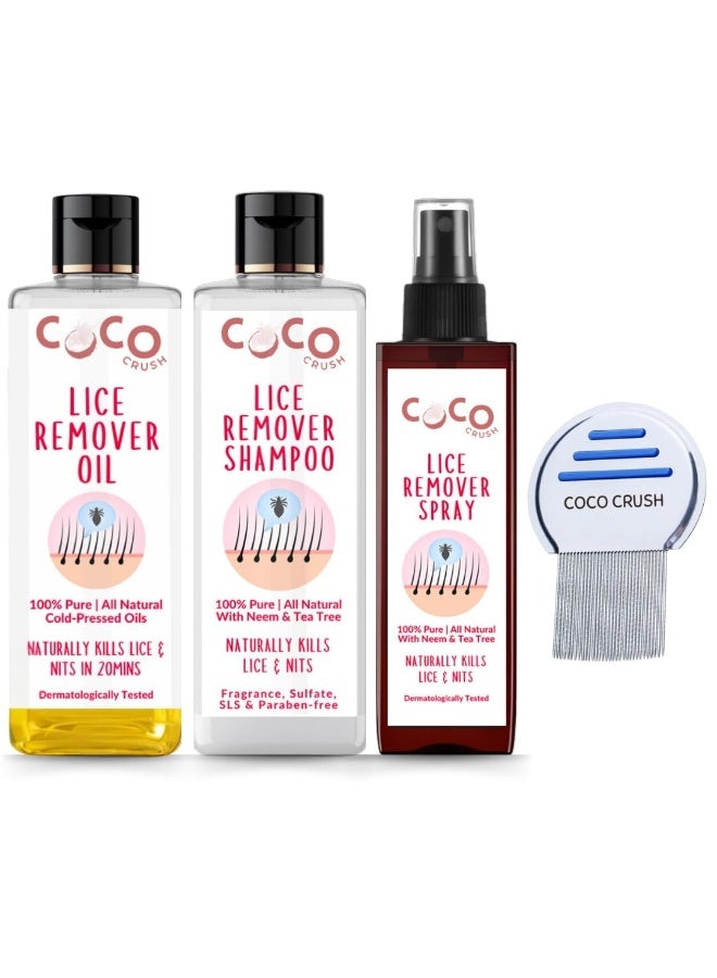 Coco Crush Ayurvedic Anti-Lice Nits Treatment Bundle: Oil, Shampoo, Hair Spray & Comb | Kills & Removes Lice in 1 wash | 100% Natural | Single Wash Solution | Safe for Kids | Neem, Tea Tree & Camphor Enriched (150ML (3*50ML+comb) - Image 1