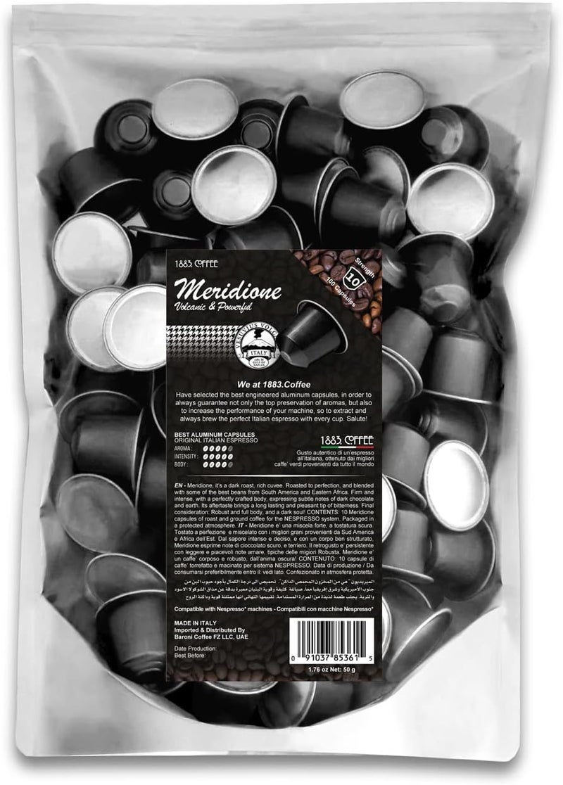 MUST 100 Coffee Capsules in 100% Aluminum Recyclable to Infinity, Meridione Blend Intensity 5/5, Box with 100 Loose Capsules Compatible with Nespresso Machine, Made in Italy