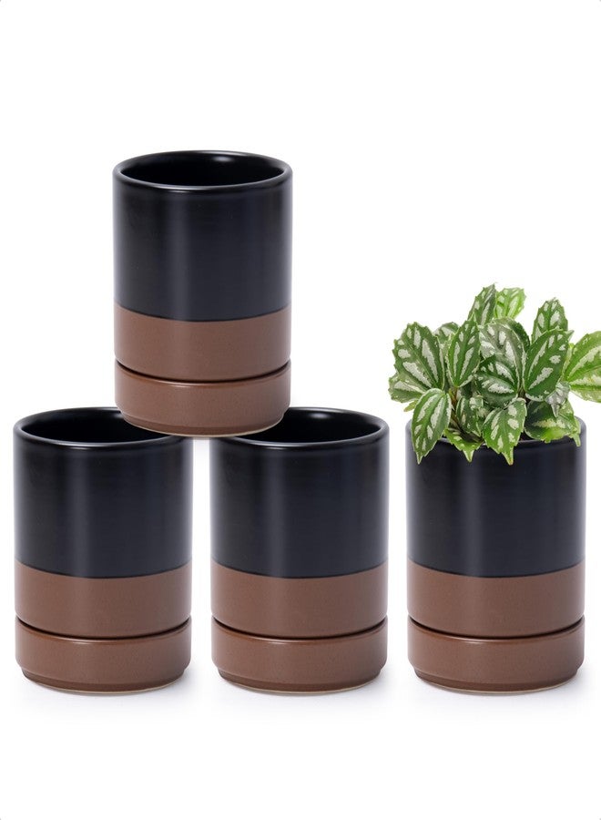 D'vine Dev Set of 4 Small Ceramic Plant Pots, 4.6 Inch Succulent Planter Pot for Plants with Drainage Hole and Saucer, Black/Speckled Tan, 94-F-B-7 - Image 1