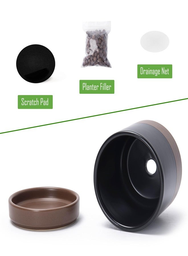 D'vine Dev Set of 4 Small Ceramic Plant Pots, 4.6 Inch Succulent Planter Pot for Plants with Drainage Hole and Saucer, Black/Speckled Tan, 94-F-B-7 - Image 4