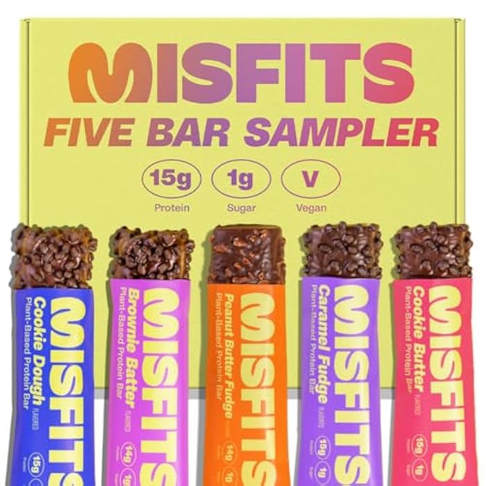 Misfits عبوة متنوعة من بار بروتين ميسفيتس | بار غذائية - 14-15 جرام بروتين، 1 جرام سكر، نباتية، منخفضة الكربوهيدرات، غير معدلة وراثيًا، وجبات خفيفة خالية من الغلوتين | عينة من 5 - نكهات متعددة - Image 1