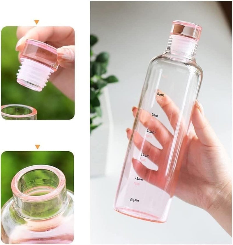 Mevanta Glass Borosilicate Water Bottle With Cap 500 ML Leak Proof & Airtight Lid with Time Marker Water Bottle For Home,Office,School, College, Gym, Daily Uses (Multi color Set of 2) - Image 3