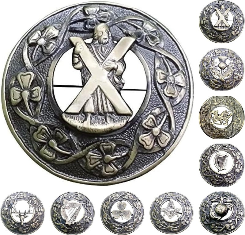 AAR Men,s Scottish Irish Shamrock Kilt Brooch Fly Plaid Antique/Chrome Finish 3" (7cm) diameter S - Image 1