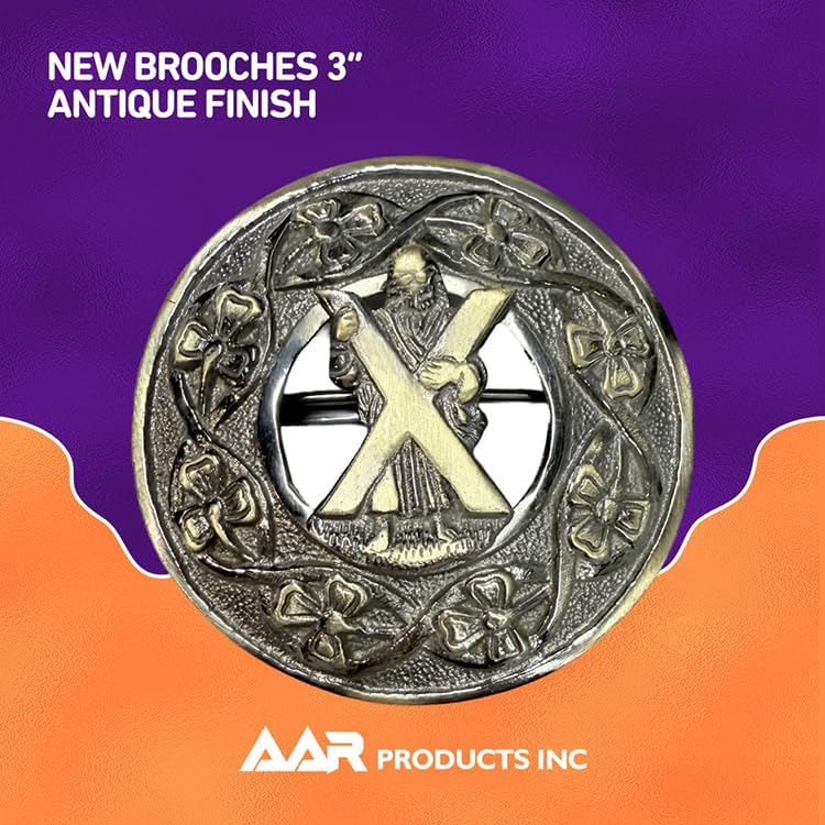 AAR Men,s Scottish Irish Shamrock Kilt Brooch Fly Plaid Antique/Chrome Finish 3" (7cm) diameter S - Image 2