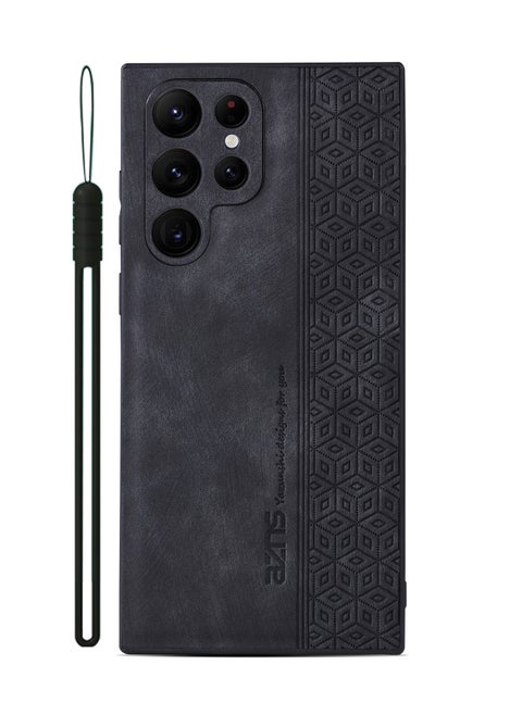 جراب هاتف مضاد للخدش لهاتف Samsung Galaxy S23 Ultra مصنوع من الجلد المطبوع ومغطى بمادة TPU - أسود