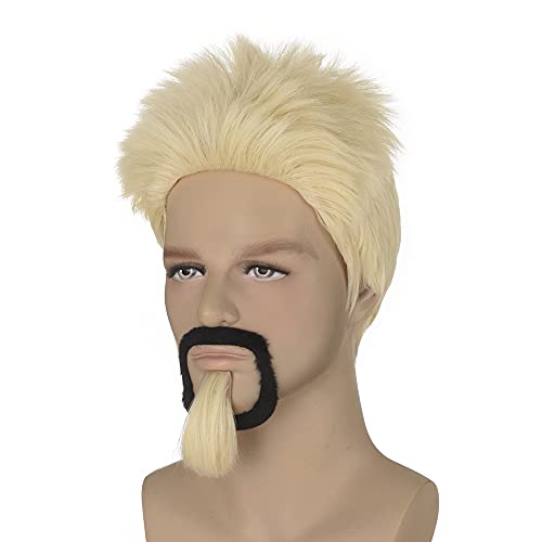 QACCF Mens Short Straight Blonde Guy Spiky Realistic Synthetic Costume Wig With Beard and Goatee - Image 3