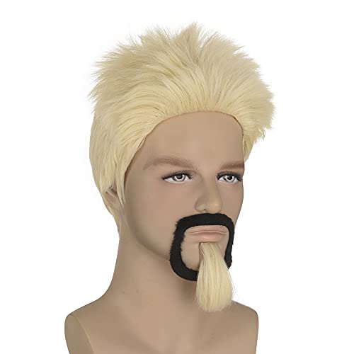 QACCF Mens Short Straight Blonde Guy Spiky Realistic Synthetic Costume Wig With Beard and Goatee - Image 2