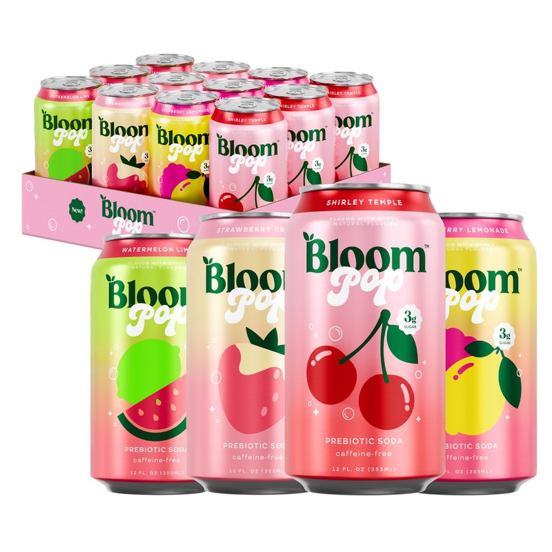Bloom Nutrition Bloom Pop Prebiotic Soda 12 Pack, Variety Pack, 12oz Cans | Prebiotic Soda for Gut Health, Low Calorie Soda, No Caffeine, Healthy Soft Drink Alternative - Image 1