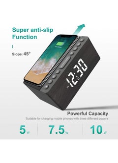 ANJANK Wooden Digital Alarm Clock Fm Radio 10W Fast Wireless Charger Station For Iphone/Samsung Galaxy 5 Level Dimmer Usb Charging Port 2 Wake Up Sounds Bedrooms Sleep Timer Wood Led Clock For Bedside  - Image 4