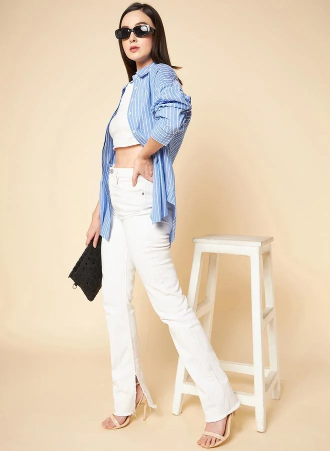 HIGH STAR Women'S Blue 100% Cotton Solid Pattern Button Down Shirt