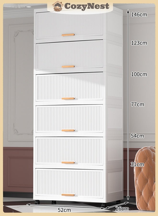 كوزينيست خزانة تخزين بلاستيكية 6 طبقات مع مقابض وأبواب قلبية مغناطيسية بألواح صلبة وعجلات، بعرض 52 سم باللون الأبيض الكريمي قابلة للتكديس لتنظيم الملابس والألعاب واللوازم المكتبية - Image 1