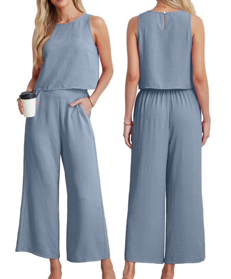 IWOLLENCE Women's Summer 2 Piece Outfits Set Round neck Sleeveless Tank Crop Top Wide Leg pants Set Pockets Jumpsuits Blue Gray Large - Image 4