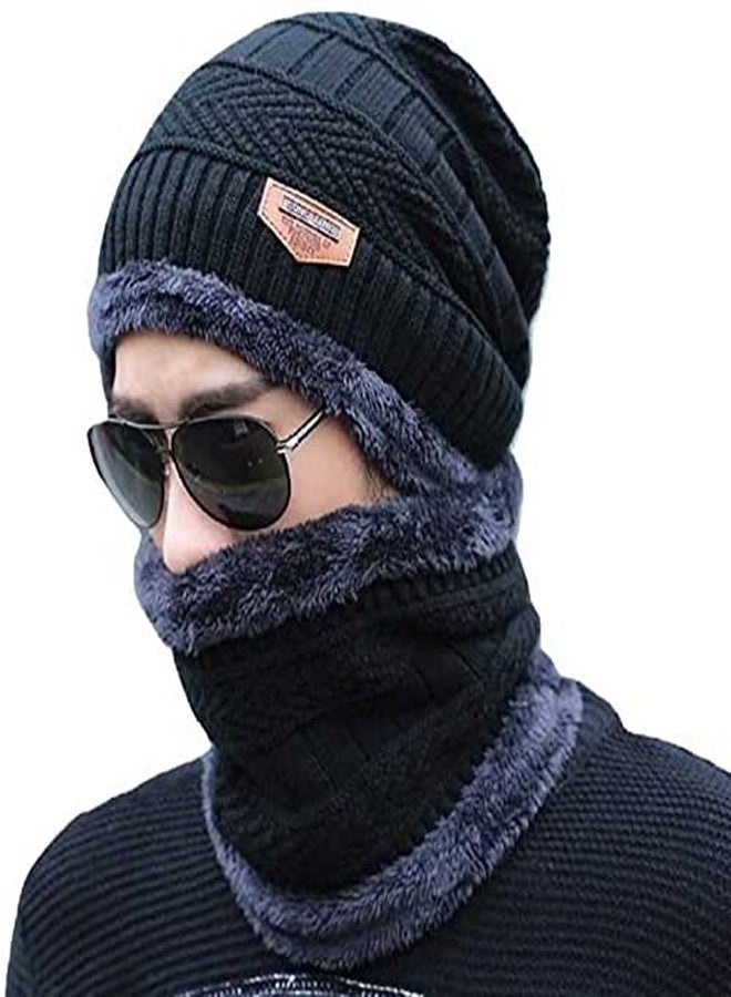 Zonkar Premium Unisex Woolen Winter Beanie Cap with neck set Scarf for Man Women Girl (Black) - Image 1