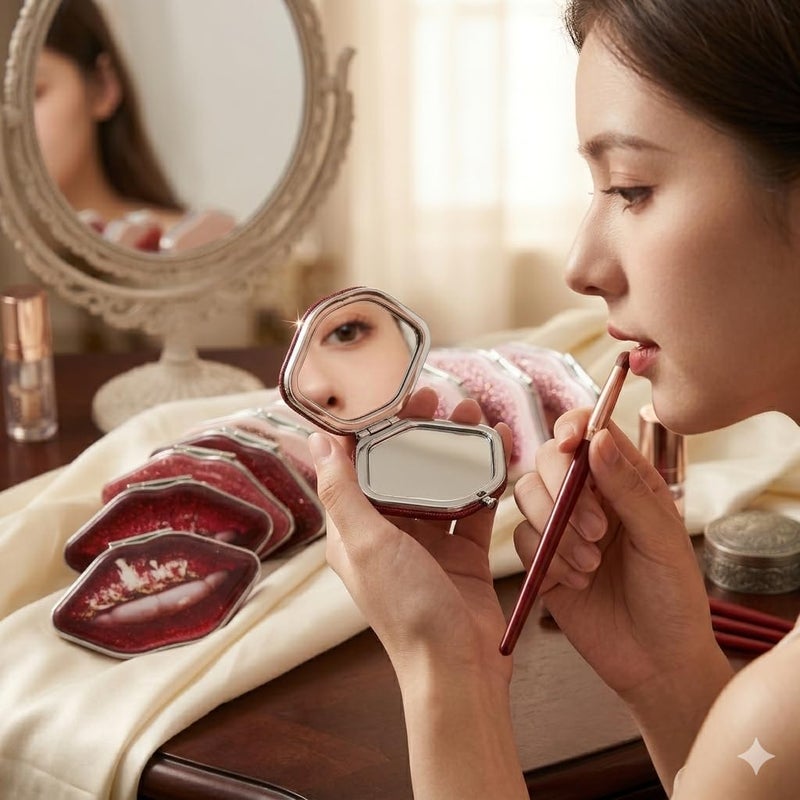 7AGAT Compact Makeup Mirror, 2-in-1 Regular and Magnifying, Metal and Glass, Portable Folding Design, Stylish Lip Artwork, for Daily Beauty and Travel Use - Image 3