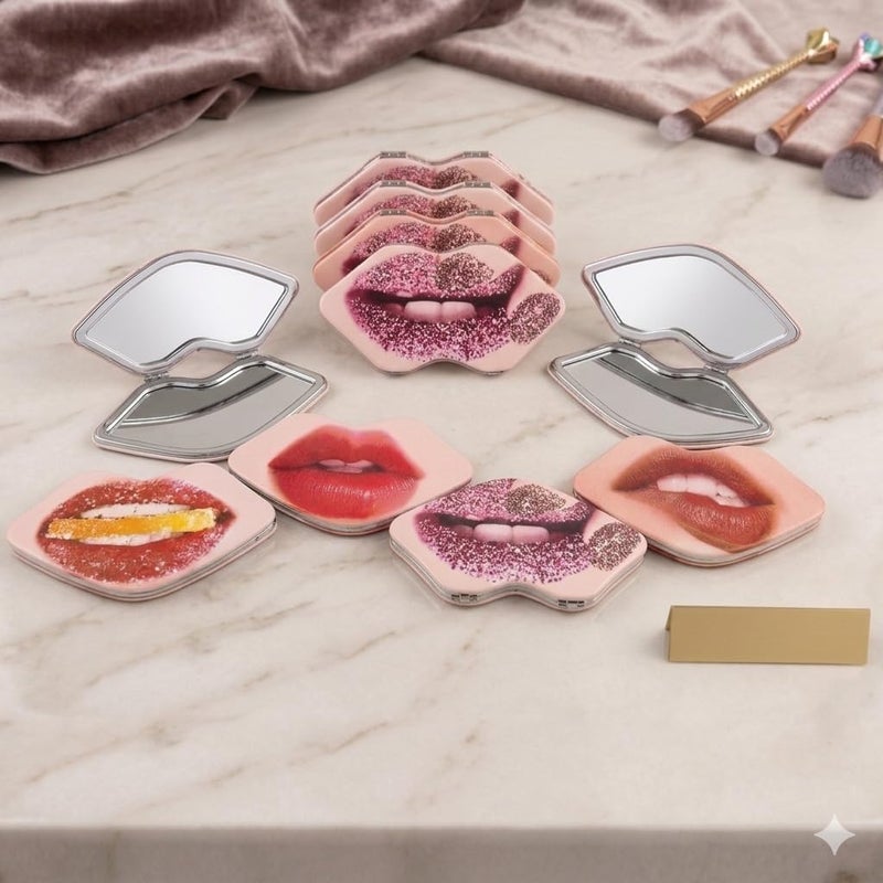 7AGAT Compact Makeup Mirror, 2-in-1 Regular and Magnifying, Metal and Glass, Portable Folding Design, Stylish Lip Artwork, for Daily Beauty and Travel Use - Image 1
