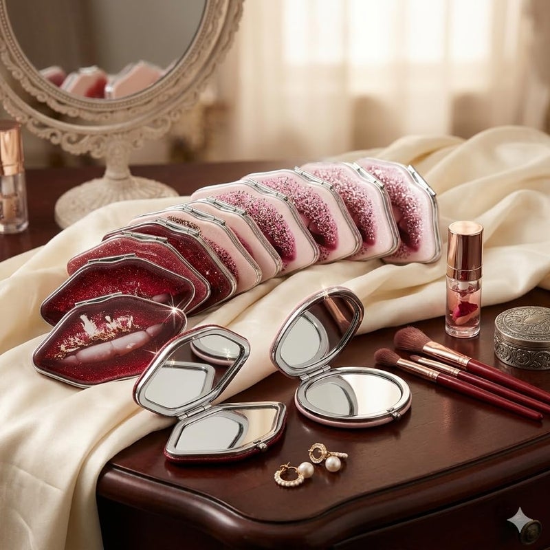 7AGAT Compact Makeup Mirror, 2-in-1 Regular and Magnifying, Metal and Glass, Portable Folding Design, Stylish Lip Artwork, for Daily Beauty and Travel Use - Image 4