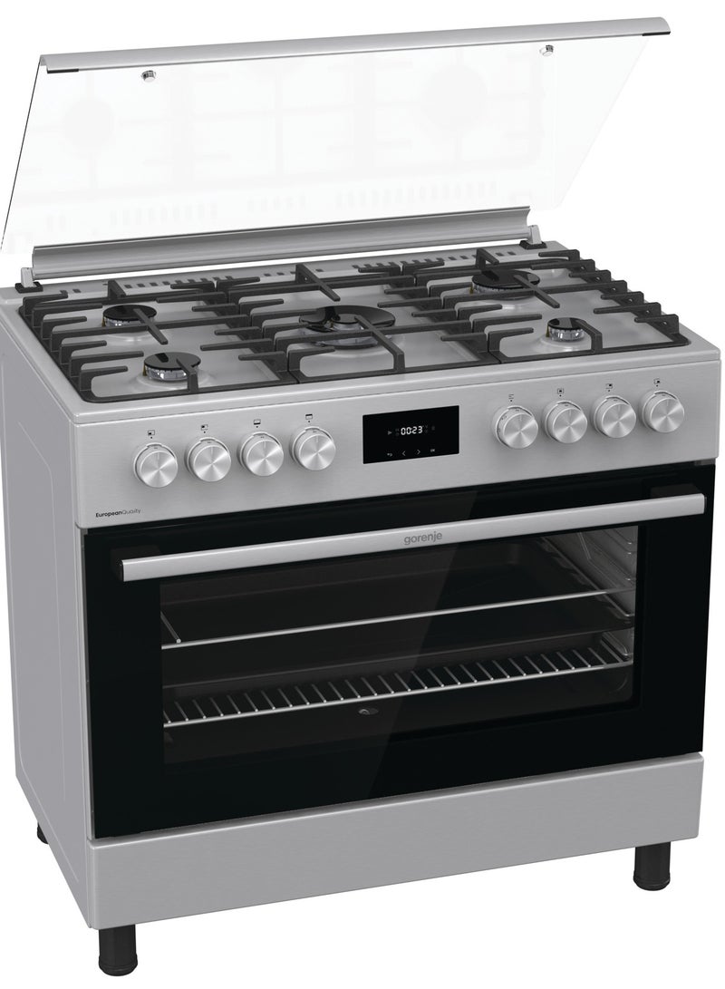 90 cm Freestanding stainless steal Gas Cooker,5 gas burners, net capcity 92 Litres Multifunction Oven with Fan, Cast Iron Pan Support, AirFry GGI9C20X black