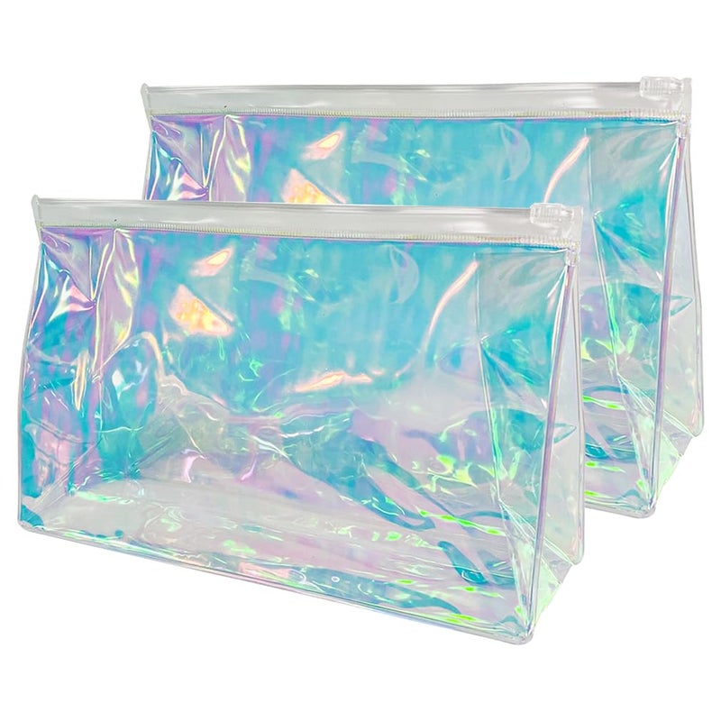 TotePrint 2 PCS Holographic Clear Makeup Pouch 10x6x3 Iridescent Cosmetic Bag Portable Waterproof PVC Makeup Pouch Gift Bag Zippered Toiletry Bag - Image 1