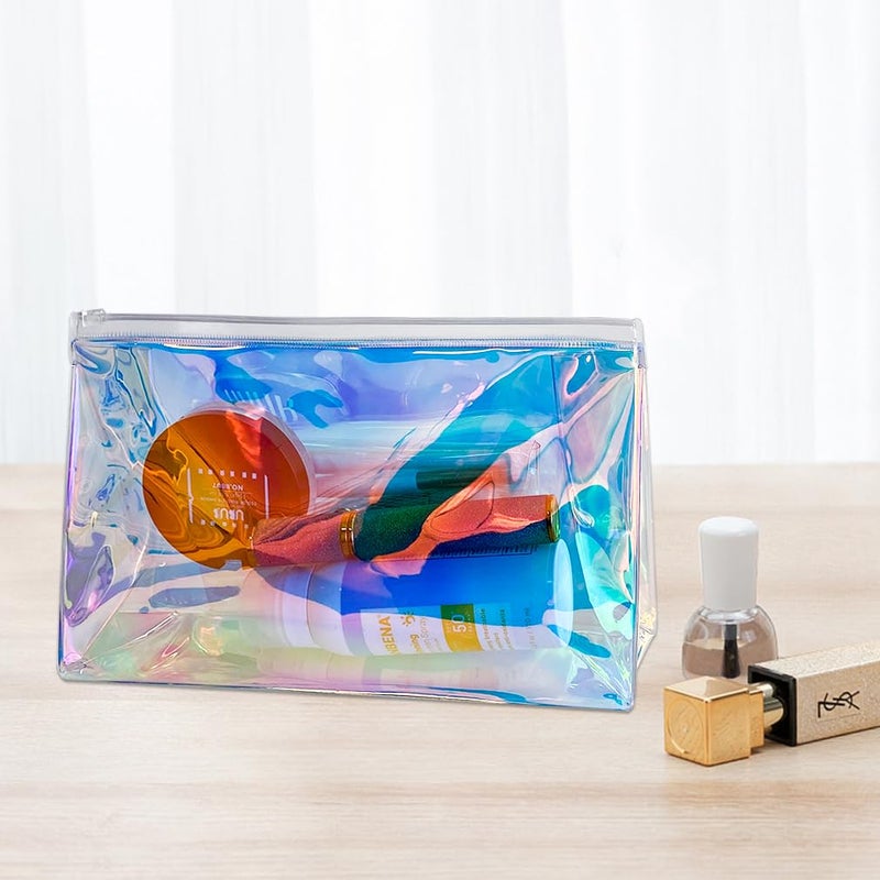 TotePrint 2 PCS Holographic Clear Makeup Pouch 10x6x3 Iridescent Cosmetic Bag Portable Waterproof PVC Makeup Pouch Gift Bag Zippered Toiletry Bag - Image 3