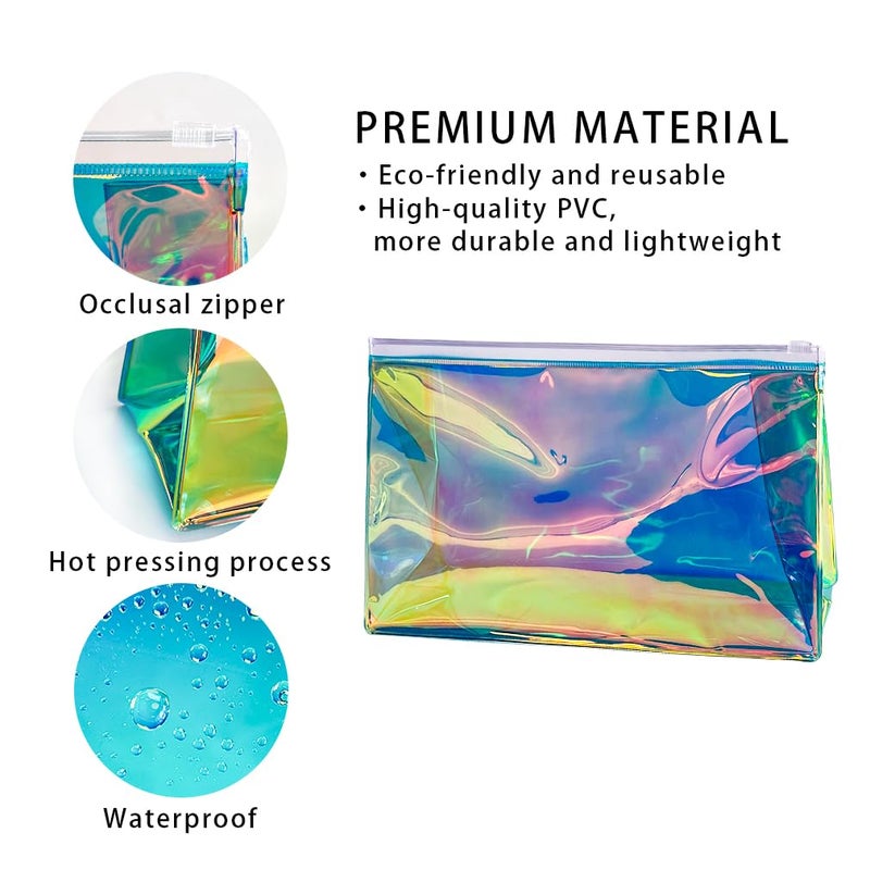 TotePrint 2 PCS Holographic Clear Makeup Pouch 10x6x3 Iridescent Cosmetic Bag Portable Waterproof PVC Makeup Pouch Gift Bag Zippered Toiletry Bag - Image 4