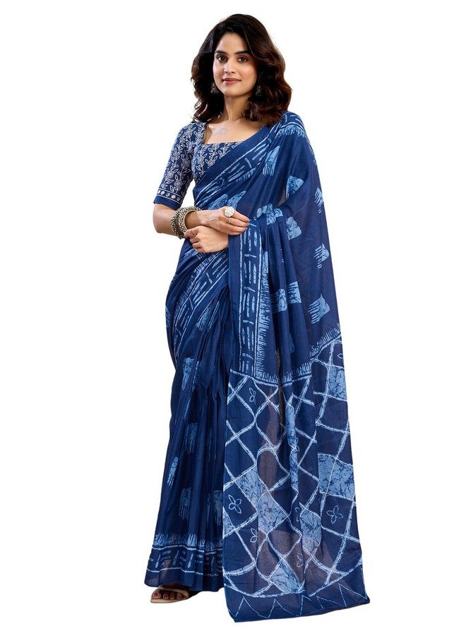 Satrani Women's Pure Cotton Printed Ready To Wear Saree With Pocket And Unstitched Blouse Piece (39RS148_Dark Blue2) - Image 1