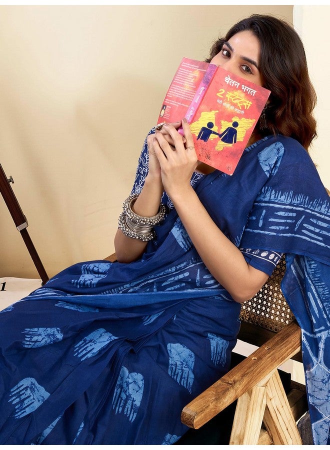 Satrani Women's Pure Cotton Printed Ready To Wear Saree With Pocket And Unstitched Blouse Piece (39RS148_Dark Blue2) - Image 5