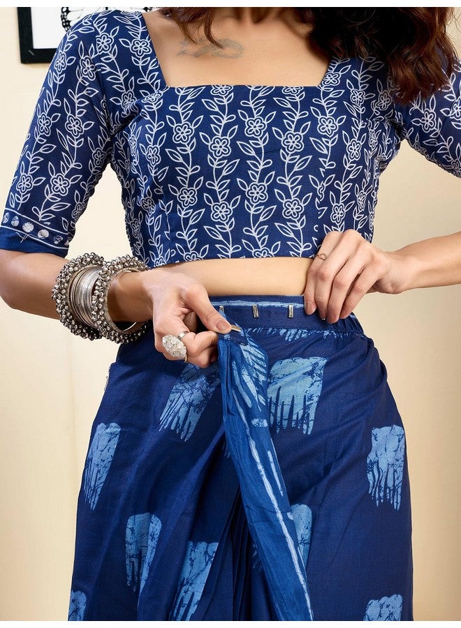 Satrani Women's Pure Cotton Printed Ready To Wear Saree With Pocket And Unstitched Blouse Piece (39RS148_Dark Blue2) - Image 4