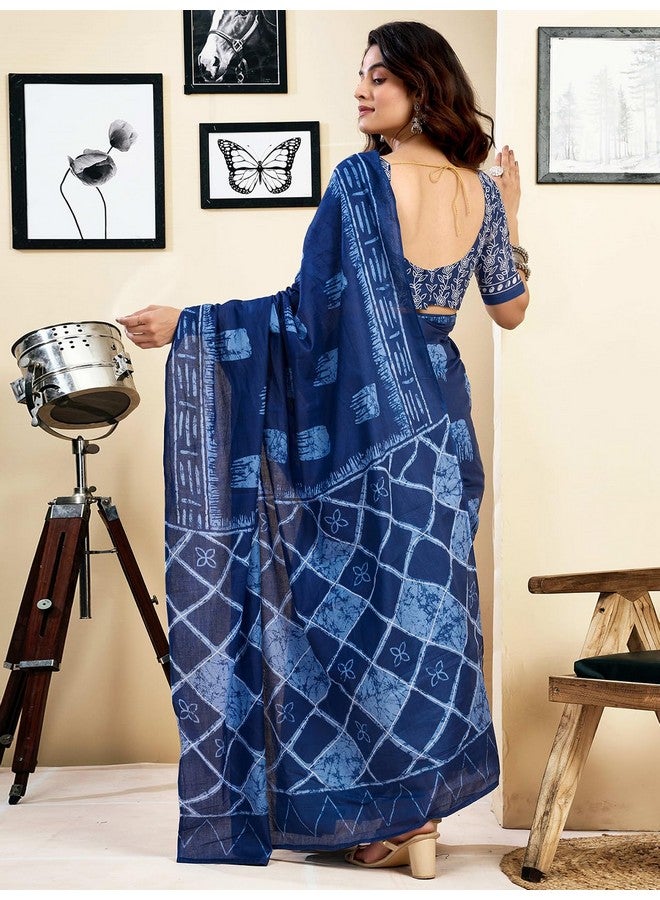 Satrani Women's Pure Cotton Printed Ready To Wear Saree With Pocket And Unstitched Blouse Piece (39RS148_Dark Blue2) - Image 3