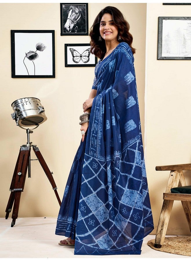 Satrani Women's Pure Cotton Printed Ready To Wear Saree With Pocket And Unstitched Blouse Piece (39RS148_Dark Blue2) - Image 2