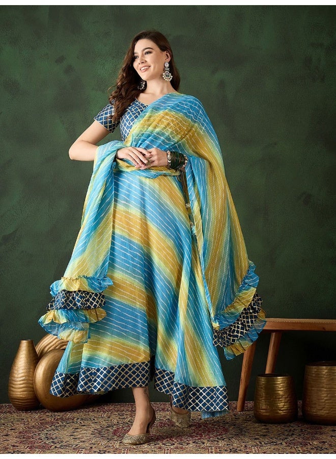 AKS Sky Blue Leheriya Lehenga Choli with Gota Blouse - Image 1