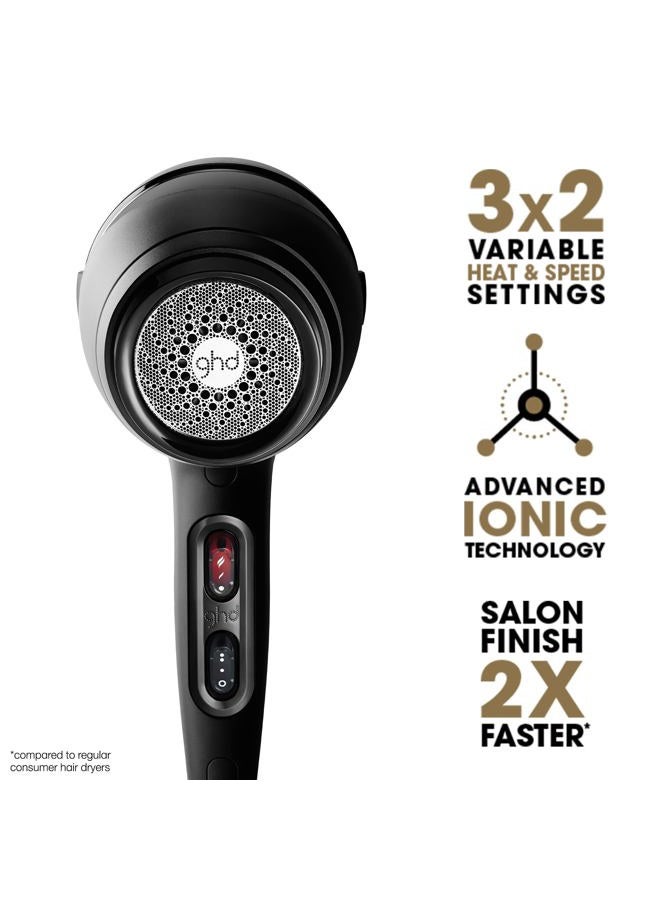 ghd مجفف شعر هوائي — 1600 واط مجفف احترافي، محرك بقوة صالون، فوهة مركزة، إعداد درجة حرارة قابلة للتعديل، وتقنية أيونية للتجفيف السريع — أسود - Image 2