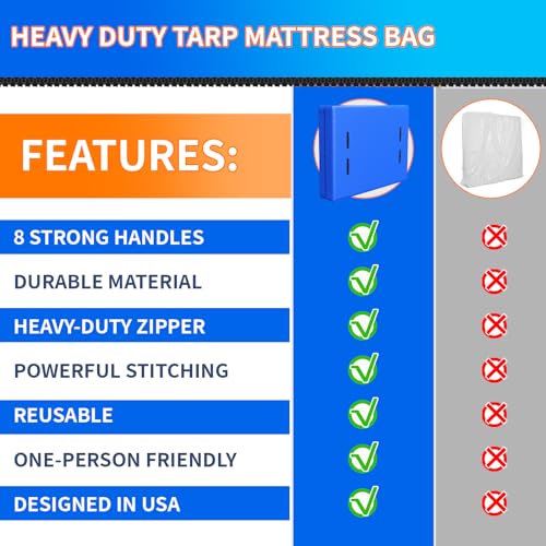 Acnusik Queen Mattress Bags for Moving and Storage, Reusable Heavy Duty Tarp Waterproof Queen Size Bed Mattress Cover, Zippered Mattress Protector with 8 Strong Handles, 82’’ Lx 63’’ W x 15’’ D - Image 4