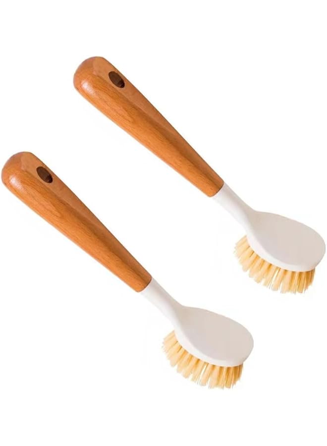 promass 2PCS Kitchen Dish Brush for Pans and Pots, Bamboo Handle Dish Scrubber Built-in Scraper Dishwashing Cleaning Tools - Image 1