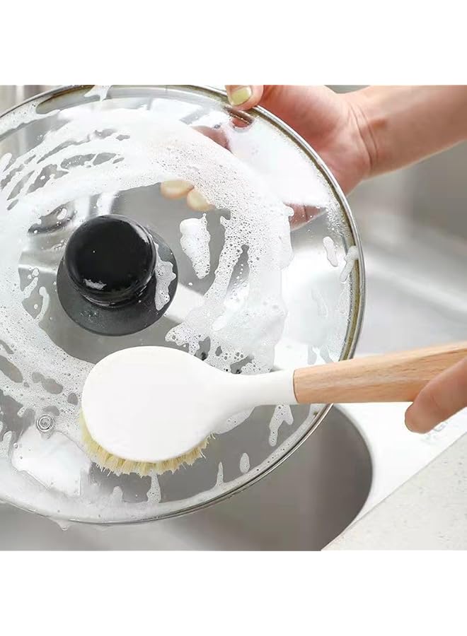 promass 2PCS Kitchen Dish Brush for Pans and Pots, Bamboo Handle Dish Scrubber Built-in Scraper Dishwashing Cleaning Tools - Image 2