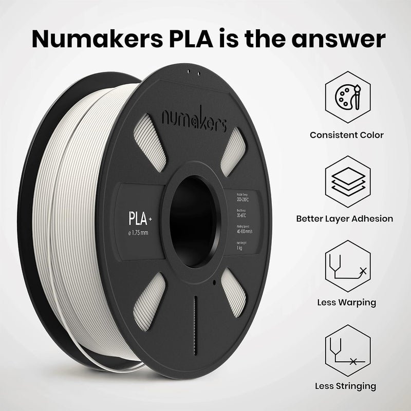 NUMAKERS PLA+ 3D Printer Filament, 1.75mm, Dimensional Accuracy +/- 0.03 mm, 1 kg Spool (2.2 lbs), Compatible with Most FDM Printers (Cool White) - Image 3