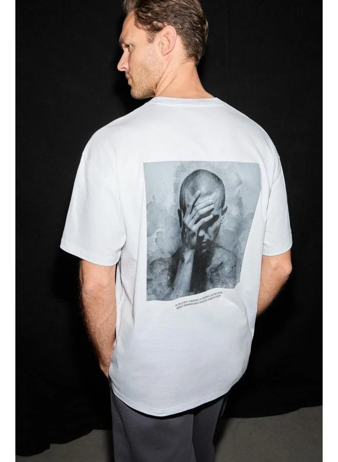 Grimelange LIGHT Men's Organic Cotton Bicycle Collar Embroidered and Printed Detailed Oversized Fit White T-Shirt.