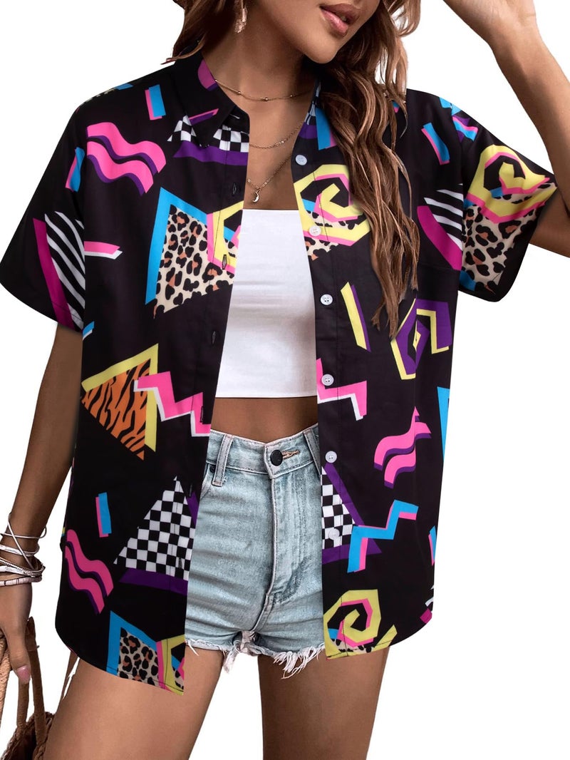 UNIQUEONE 80s 90s Outfits for Women: 80s Disco Party Themed Shirt Vintage 90s Neon Hawaiian Button Down Short Sleeve Tops - Image 1
