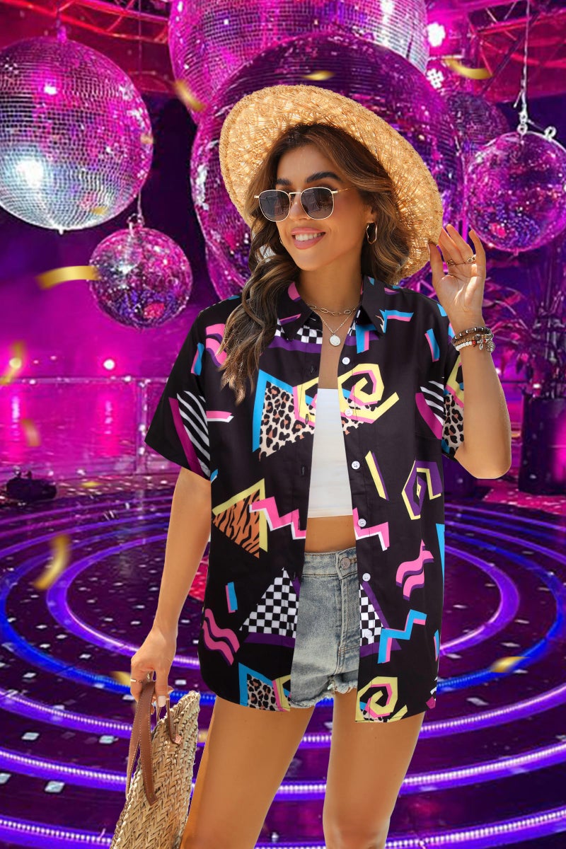 UNIQUEONE 80s 90s Outfits for Women: 80s Disco Party Themed Shirt Vintage 90s Neon Hawaiian Button Down Short Sleeve Tops - Image 4