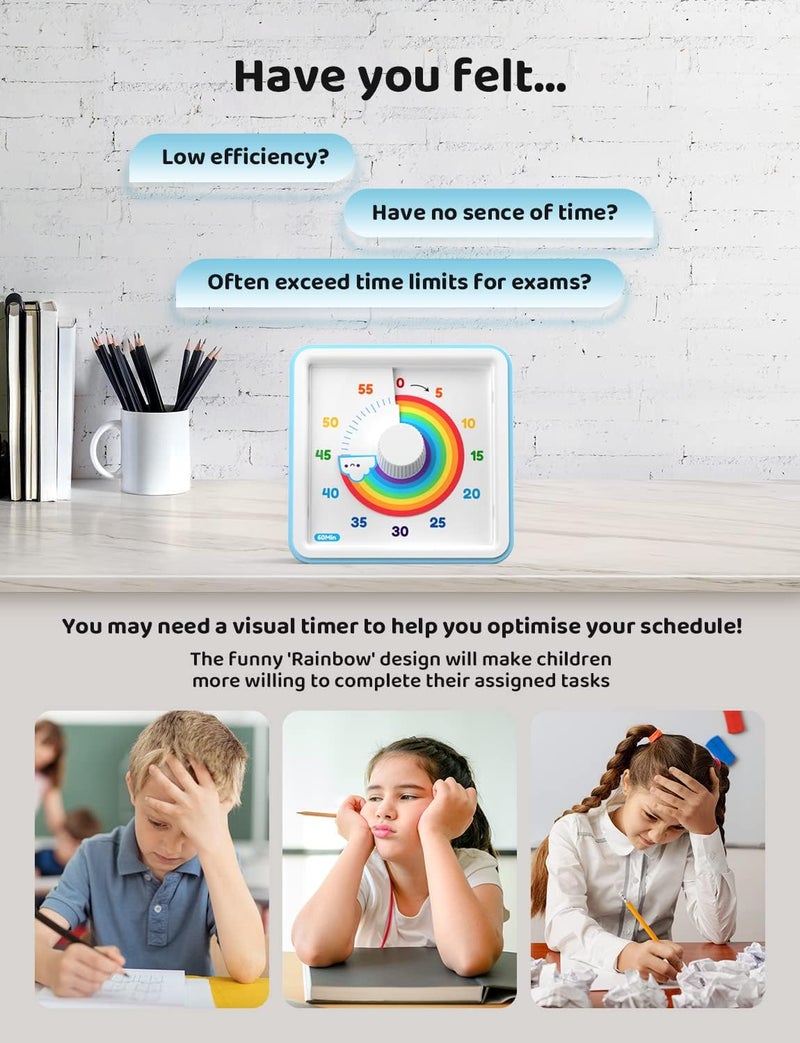 LIORQUE 60 Minute Visual Timer for Kids, Visual Countdown Timer for Classroom Office Kitchen with 'Rainbow' Pattern Design, Pomodoro Timer with Silent Operation (Batteries Included) - Image 3