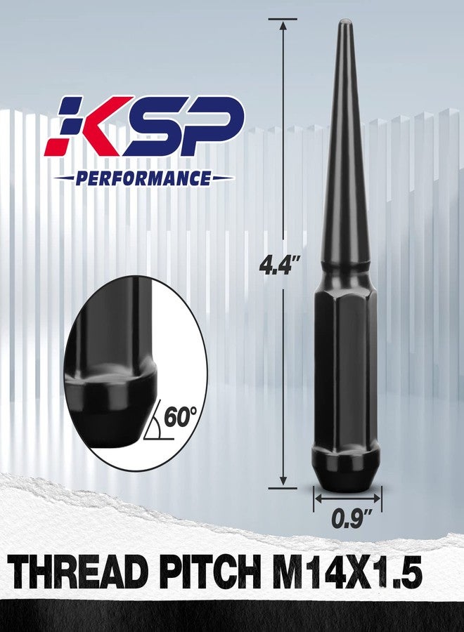 KSP PERFORMANCE صواميل عجلات KSP سداسية مدببة مقاس 14 مم × 1.5، 24 قطعة من صواميل العجلات المعدنية الصلبة السوداء على شكل رصاصة، ارتفاعها 4.4 بوصة، مع مفتاح ربط عالي القوة واحد لمزيد من مسامير تثبيت السيارة مقاس 14 × 1.5 - Image 2