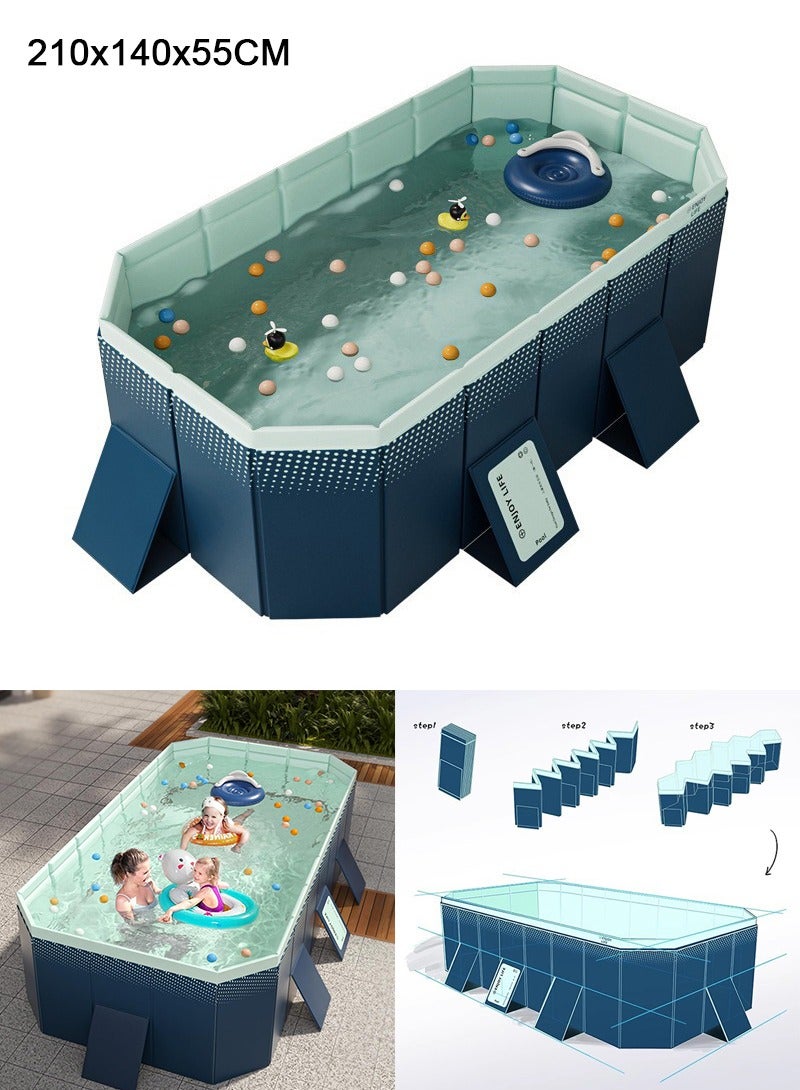 TAPIT 210x140x55CM Non-Inflatable Foldable Swimming Pool for Family Kids, Rectangular Sturdy and Durable Swimming Pool for Summer Outdoor Pool Fun, Suitable for 1-4 People  - Image 1