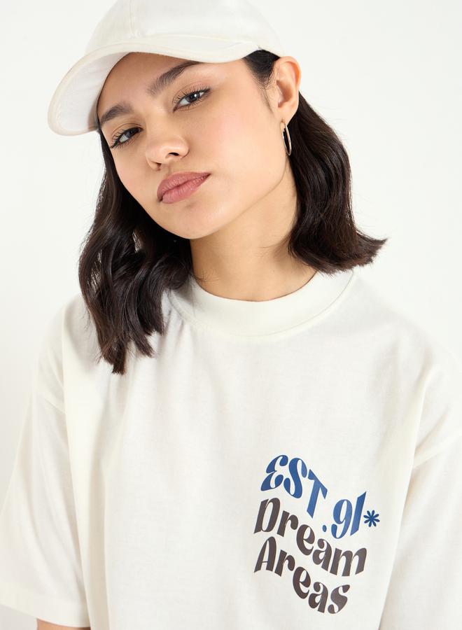 Styli Beige Slogan Print Oversized T-Shirt - Image 1