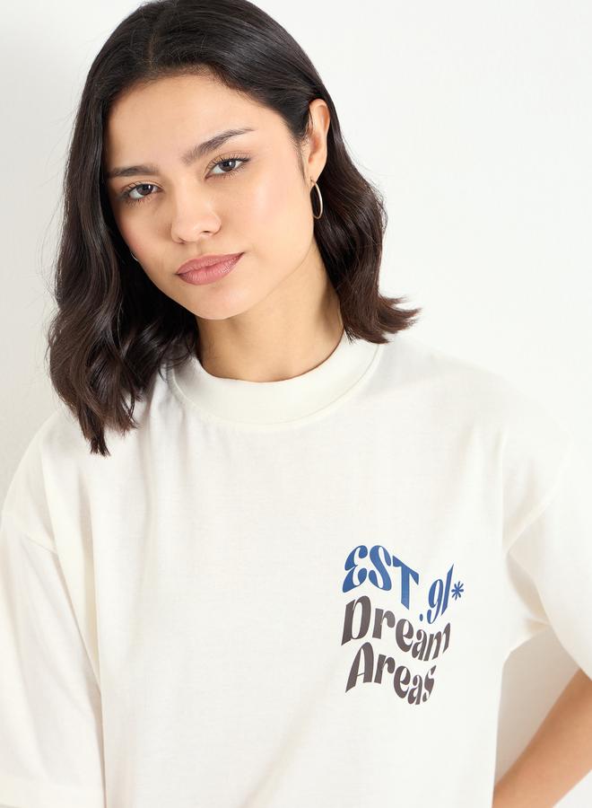 Styli Beige Slogan Print Oversized T-Shirt - Image 4