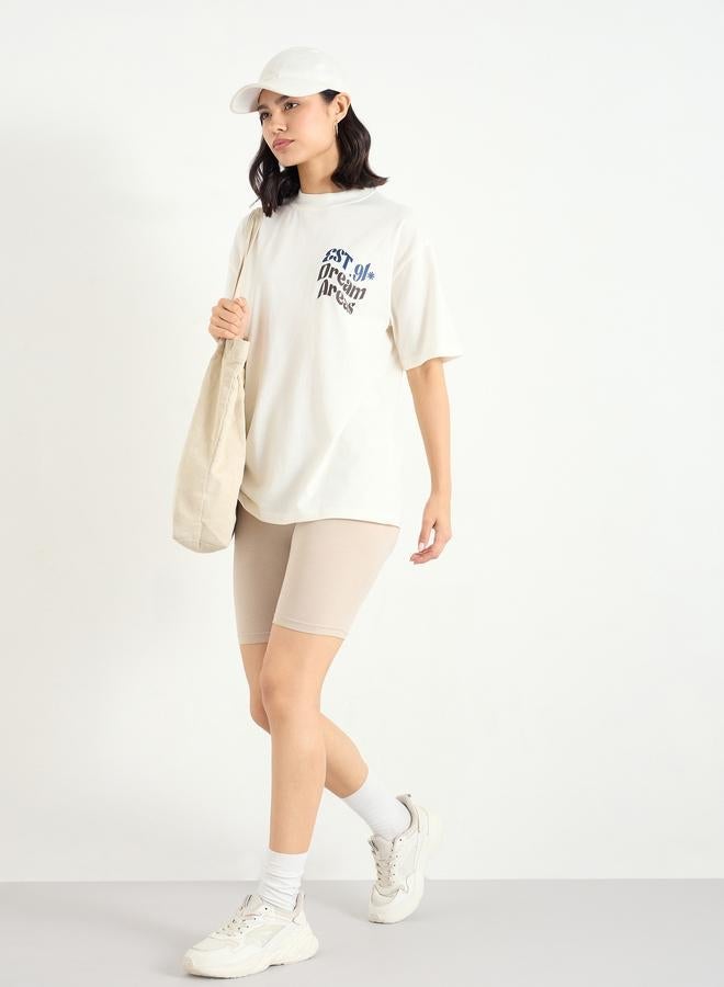 Styli Beige Slogan Print Oversized T-Shirt - Image 2