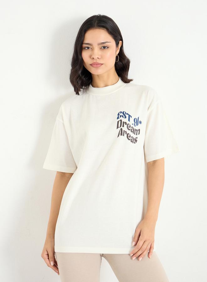Styli Beige Slogan Print Oversized T-Shirt - Image 3